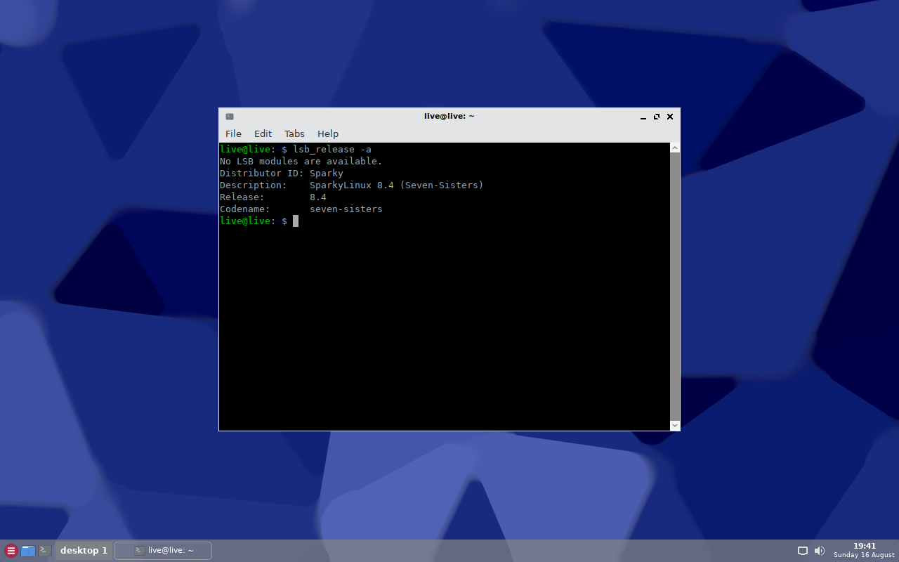 Terminal SparkyLinux menampilkan hasil lsb_release dengan keterangan SparkyLinux 8.4 Seven-Sisters