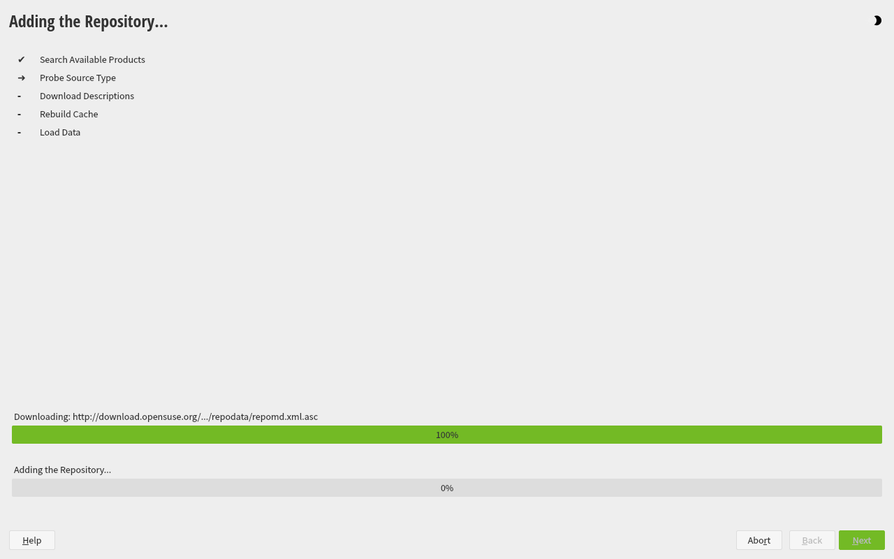 Layar Adding the Repository openSUSE menampilkan tahap Search Available Products, Probe Source Type, dan Download Descriptions