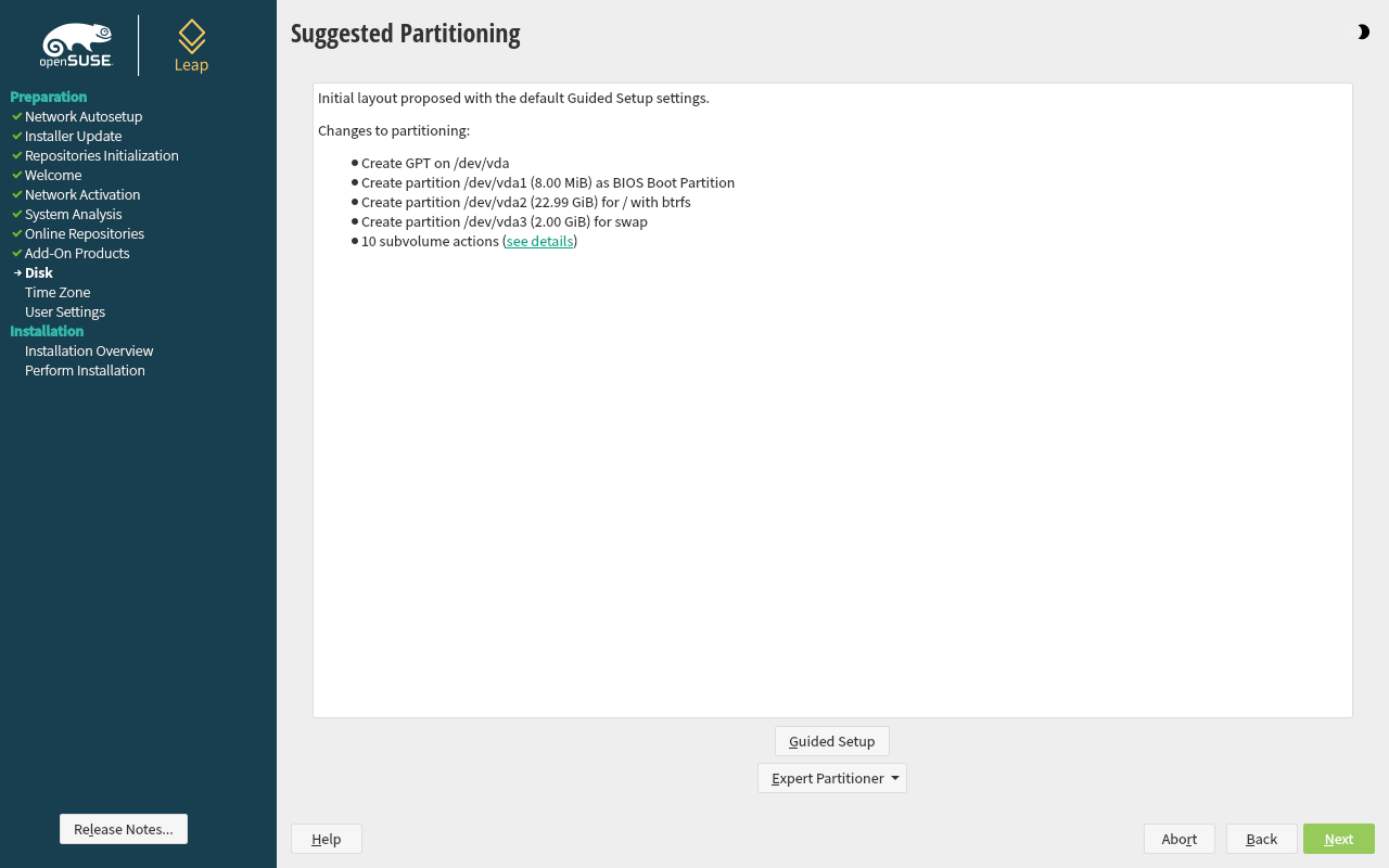 Layar Suggested Partitioning openSUSE dengan daftar perubahan partisi yang diusulkan
