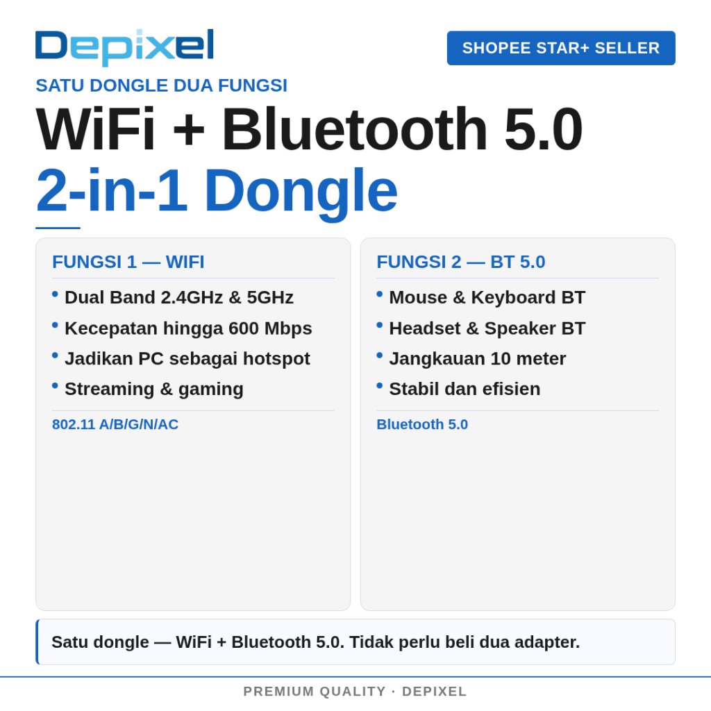 USB WiFi Bluetooth 2in1 Dongle — desain mini portabel