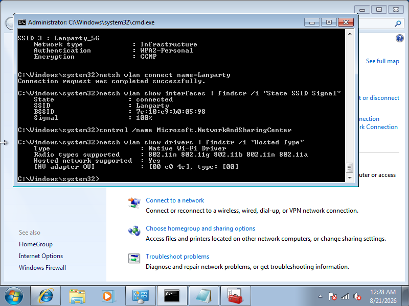 Output netsh wlan show drivers menunjukkan Hosted network supported Yes