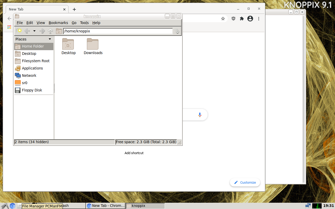 File Manager Knoppix menampilkan folder home dengan sidebar Places berisi Filesystem Root, Network, sr0, dan Floppy Disk
