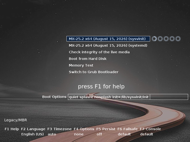Menu boot MX Linux 25.2 dengan pilihan MX-25.2 x64 sysvinit tersorot, di atas latar jalan berkelok dan tulisan press F1 for help