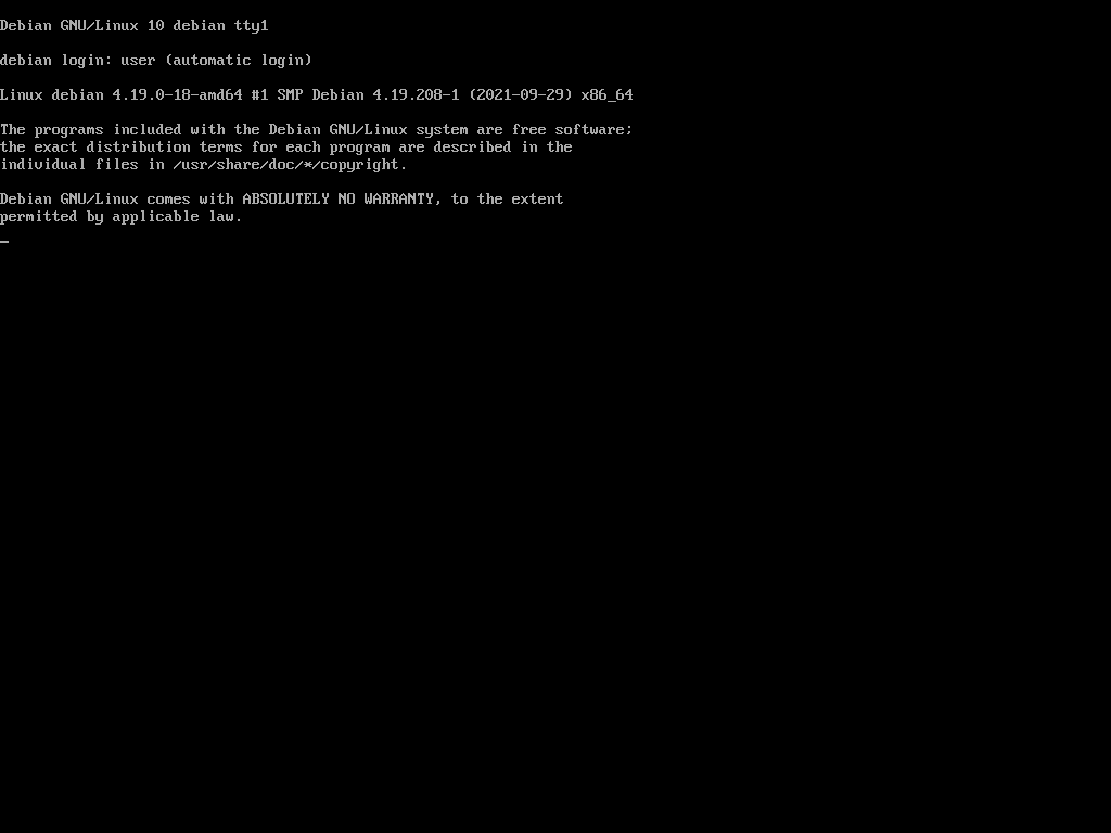 Konsol teks putih di atas latar hitam menampilkan Debian GNU/Linux 10 debian tty1, baris debian login user automatic login, dan info kernel Linux 4.19.0-18-amd64 x86_64