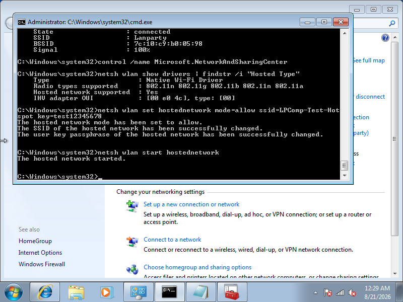 Command prompt menunjukkan pesan The hosted network started