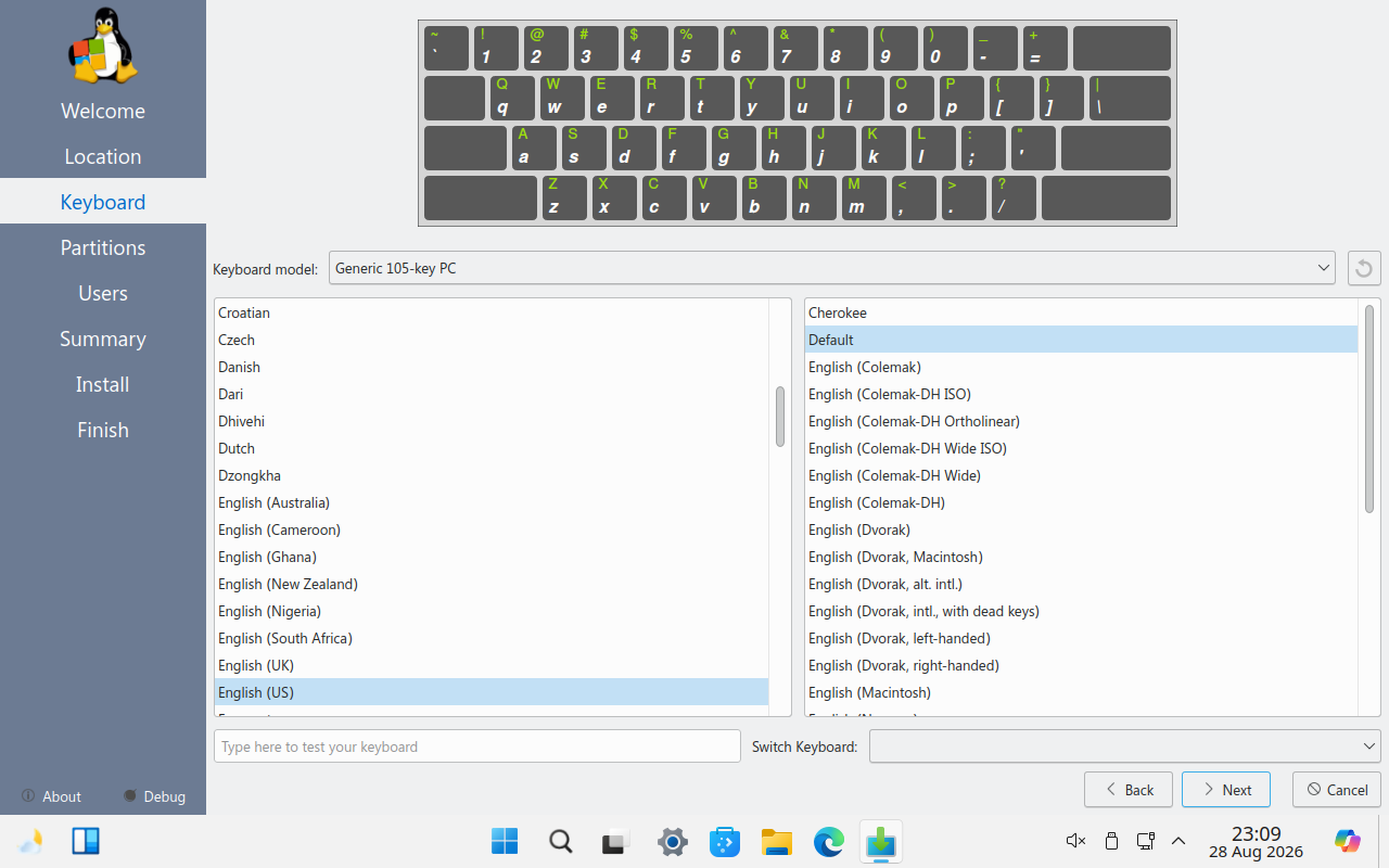 Layar Keyboard pemasang Linuxfx dengan English US terpilih dan kolom uji ketik di bagian bawah