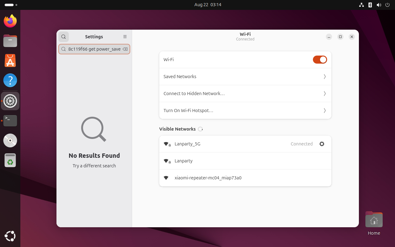 Halaman Settings Wi-Fi Ubuntu menampilkan status Connected dan jaringan Lanparty_5G berstatus Connected