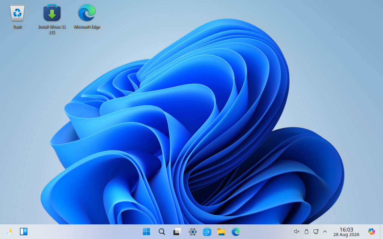 Desktop mode Live Linuxfx bergaya Windows 11 dengan ikon Install Winux 11 LTS di pojok kiri atas