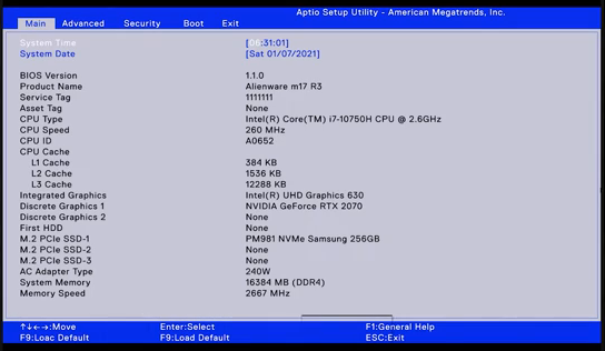 BIOS Dell tampilan Aptio, tab Main, dengan tulisan Alienware m17 R3