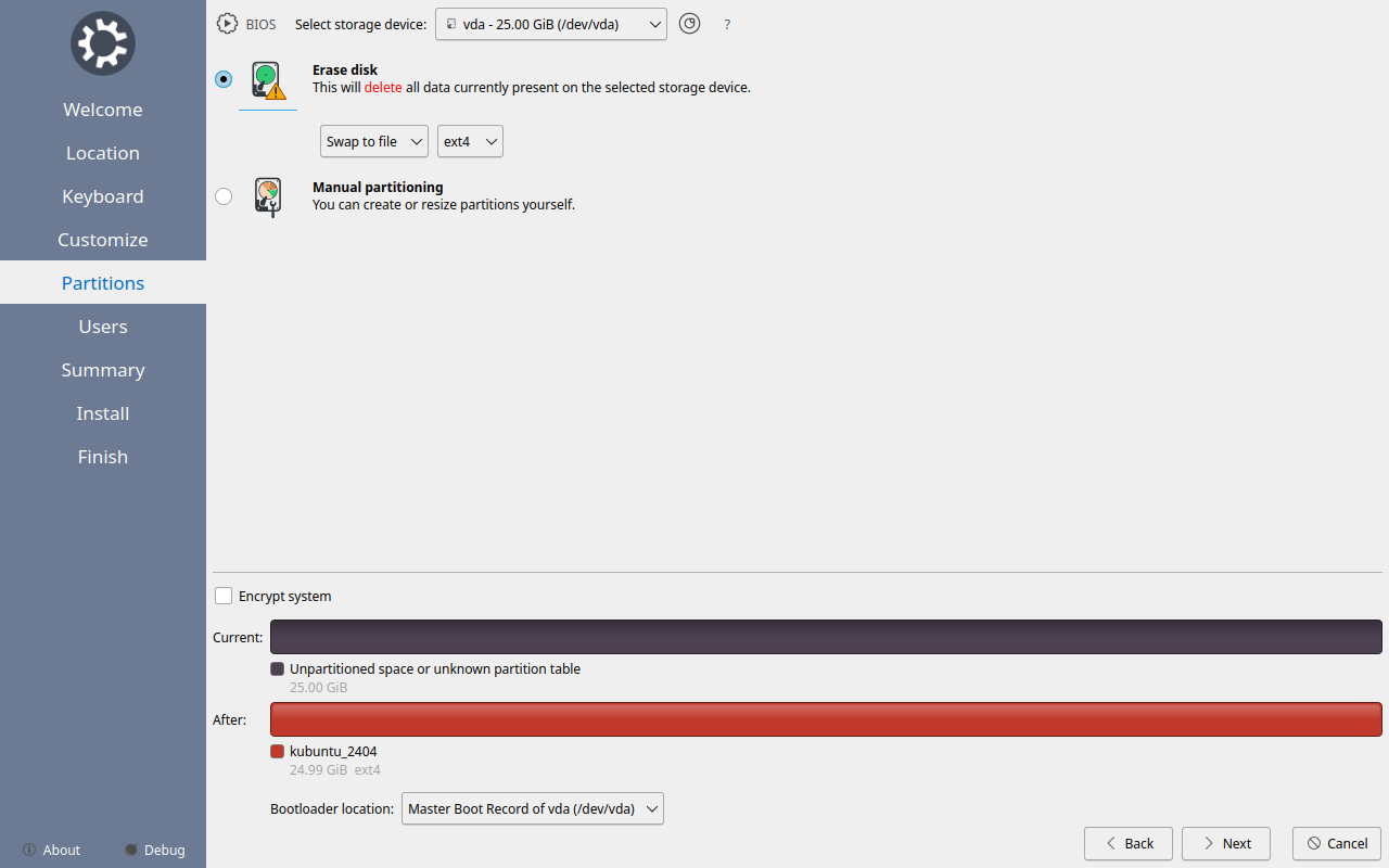 Layar Partitions dengan Erase disk sudah dipilih dan tombol Next aktif