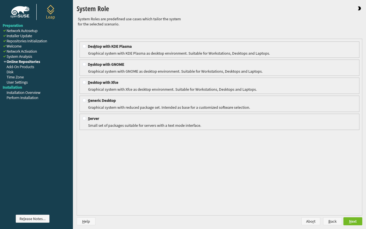 Layar System Role openSUSE dengan lima pilihan peran sistem