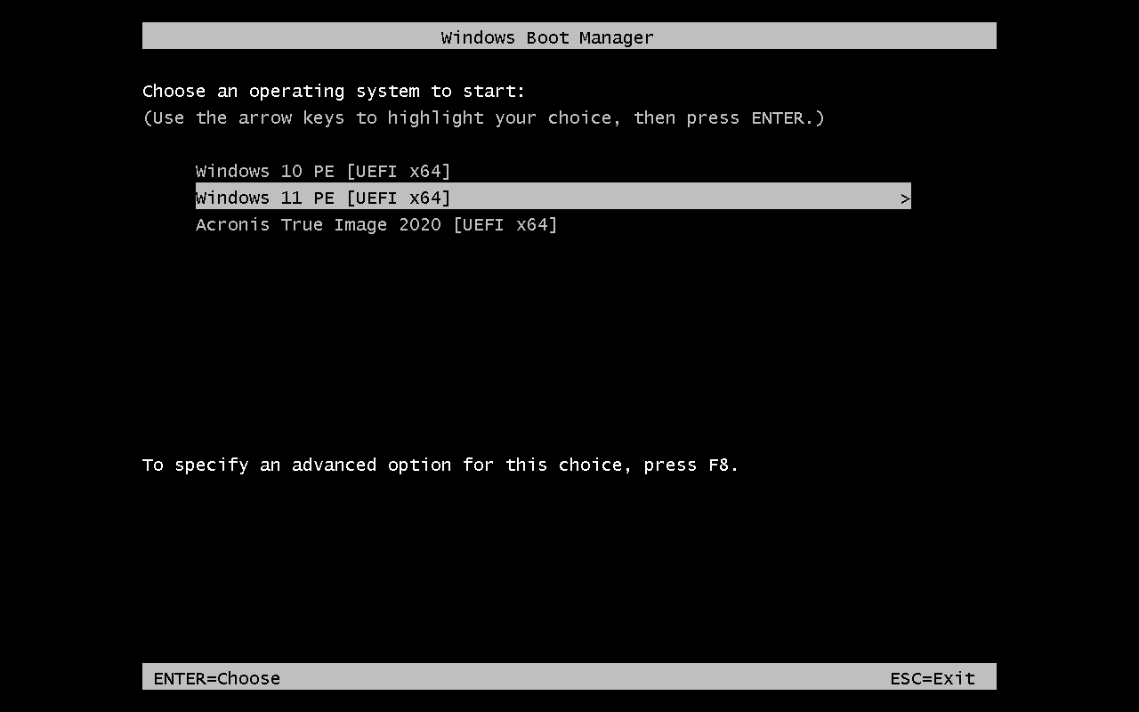 Layar Windows Boot Manager dengan baris Windows 11 PE UEFI x64 tersorot, siap ditekan Enter