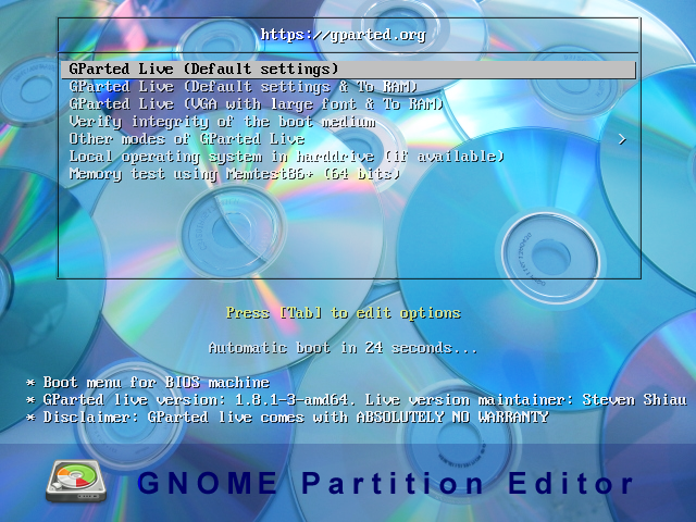 Menu boot GParted Live 1.8.1-3 amd64 dengan latar tumpukan keping CD dan tulisan GNOME Partition Editor di bawah