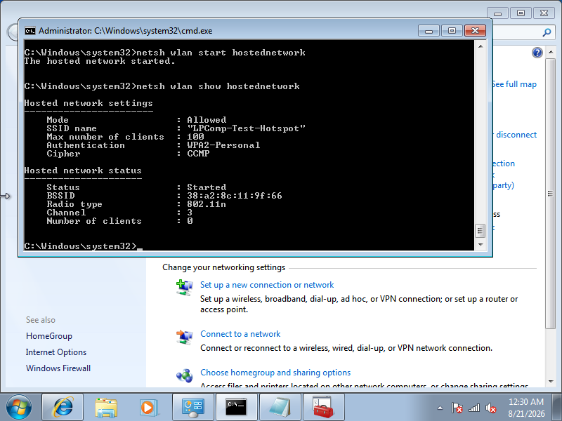 Output netsh wlan show hostednetwork menunjukkan Status Started dengan SSID dan channel
