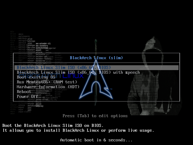 Menu boot GRUB BlackArch Linux Slim dengan pilihan BlackArch Linux Slim ISO x86_64 BIOS, with speech, Boot existing OS, Run Memtest86+ RAM test, Hardware Information HDT, Reboot, dan Power Off