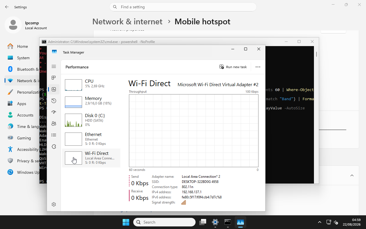 Task Manager Performance menampilkan adapter Wi-Fi Direct dengan Connection type 802.11n