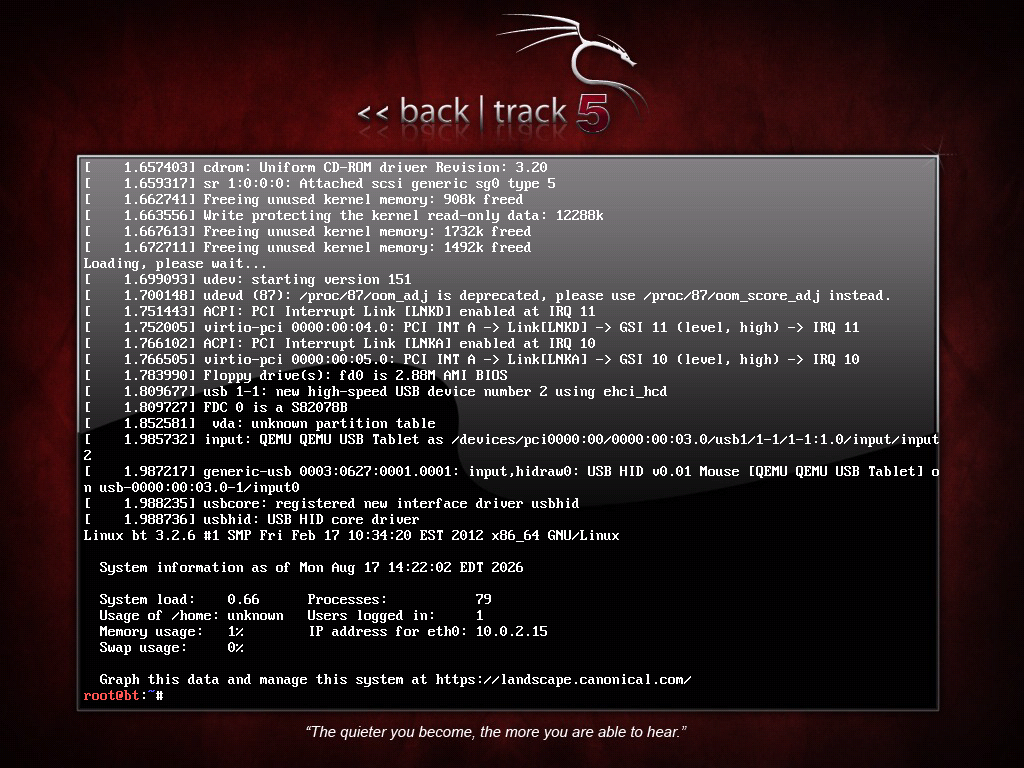 Layar boot BackTrack 5 dengan logo naga, keterangan sistem, dan prompt root@bt siap menerima perintah