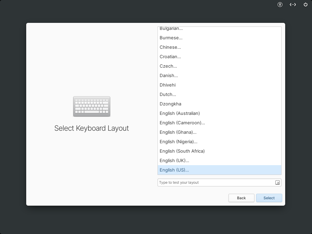 Layar Select Keyboard Layout elementary OS dengan ikon papan ketik abu-abu dan daftar bahasa Bulgarian sampai English US yang tersorot biru serta kotak Type to test your layout
