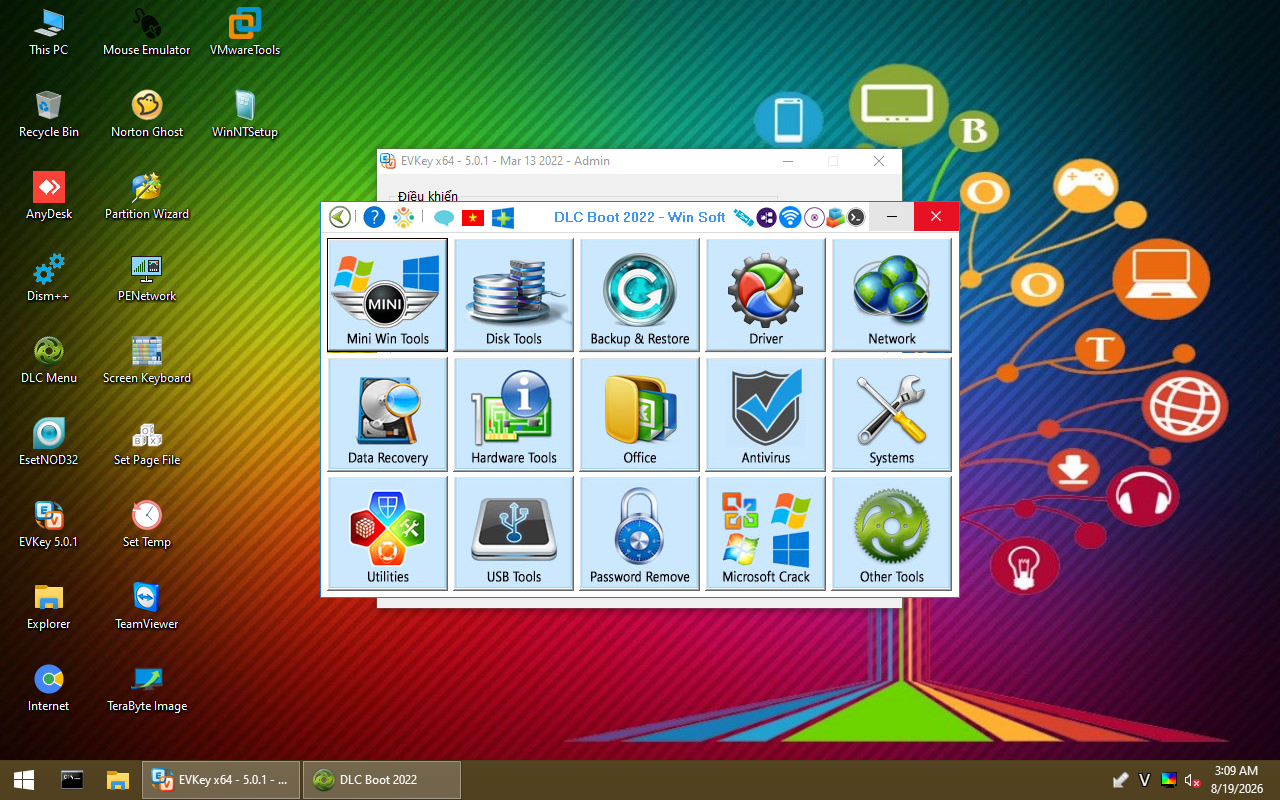 Desktop Mini Windows 10 DLC Boot 2022 dengan launcher DLC Boot 2022 - Win Soft menampilkan 15 kategori tool