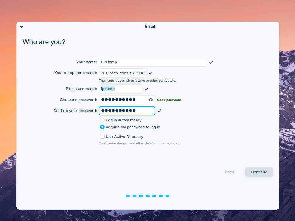 Layar Who are you terisi lengkap dengan nama, nama komputer, username, dan kata sandi bertanda centang hijau