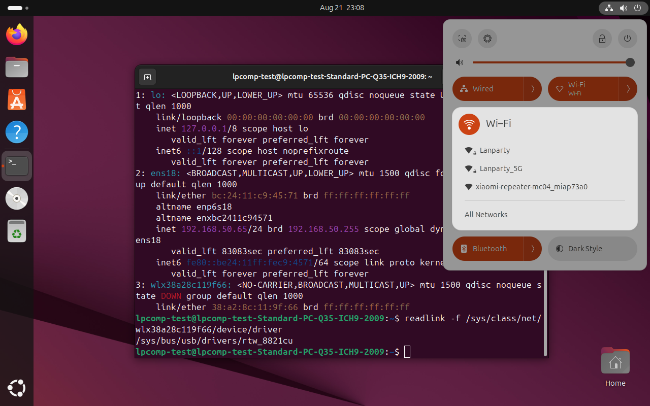 Panel Quick Settings Ubuntu menampilkan daftar jaringan WiFi terdeteksi termasuk jaringan berakhiran 5G