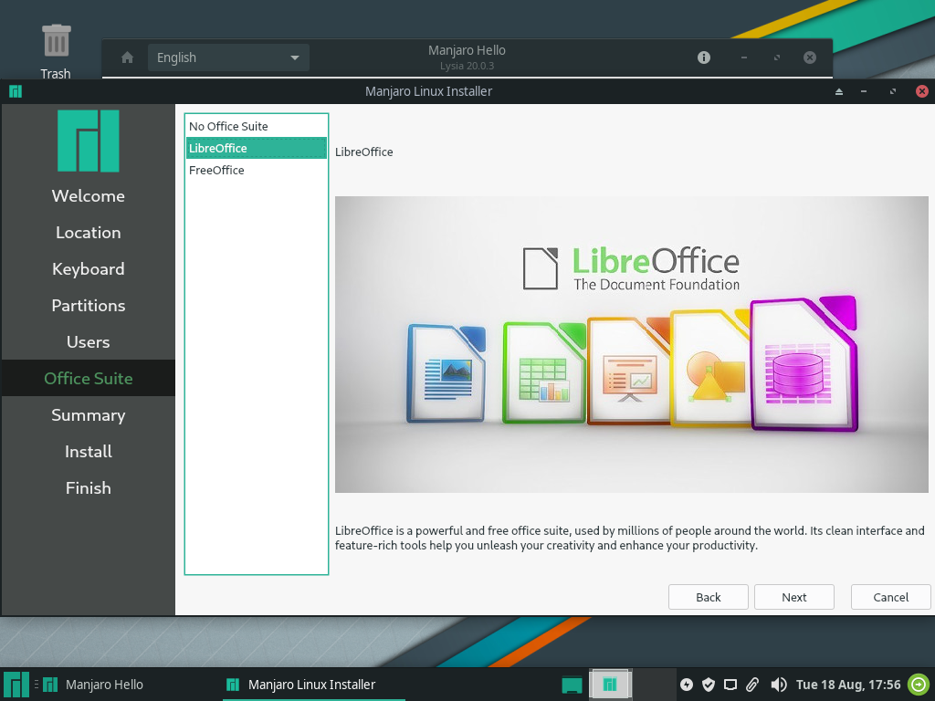 Layar pemilihan paket office dengan LibreOffice terpilih, menampilkan logo LibreOffice dan penjelasan bahwa paket ini gratis dan dipakai jutaan orang