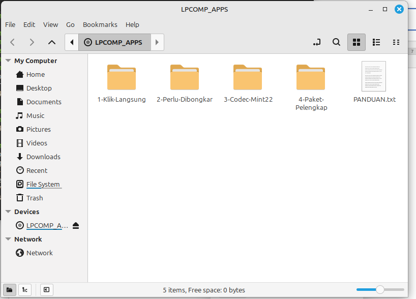 Kumpulan aplikasi Linux dibuka di file manager: folder Klik-Langsung, Perlu-Dibongkar, Codec, dan Paket Pelengkap