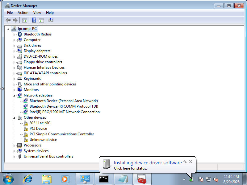 Device Manager menampilkan 802.11ac NIC di Other devices dengan tanda seru kuning sebelum driver terpasang