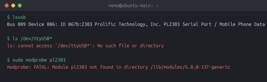 Terminal Ubuntu menampilkan lsusb mengenali chip PL2303 067b:2303 dengan bcdDevice 4.00, generasi baru