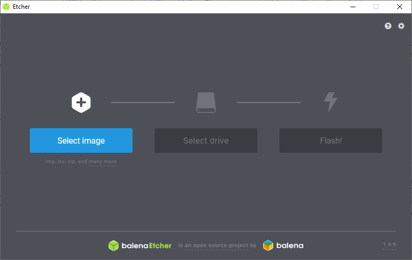 Jendela balenaEtcher dengan tiga langkah: Select image, Select drive, Flash