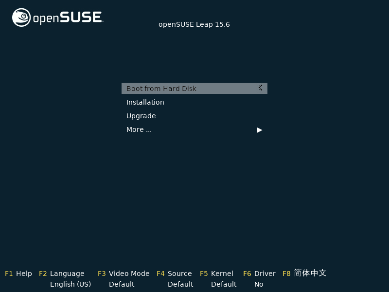 Menu boot openSUSE dengan Boot from Hard Disk tersorot di baris pertama