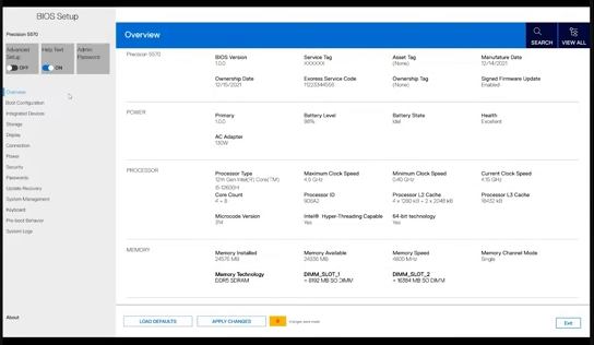 BIOS Dell tampilan baru, layar putih, halaman Overview dengan menu di kiri