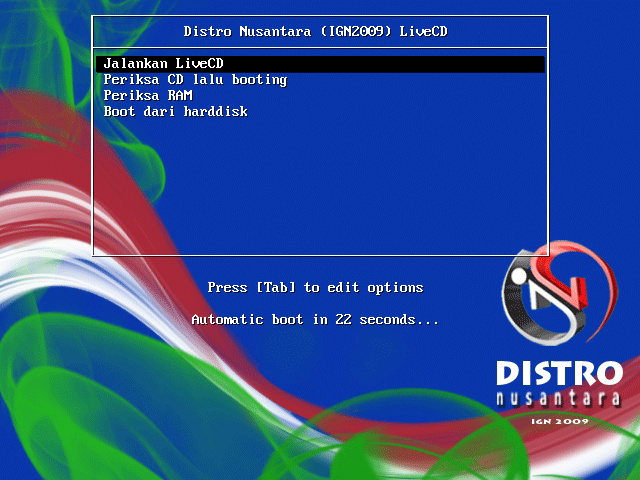 Menu boot IGOS Nusantara IGN2009 LiveCD berbahasa Indonesia dengan pilihan Jalankan LiveCD, Periksa CD lalu booting, Periksa RAM, dan Boot dari harddisk