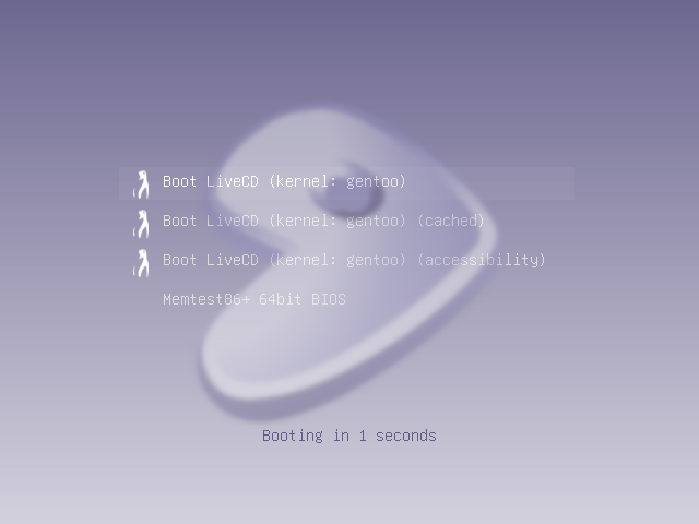 Menu boot Gentoo LiveDVD dengan pilihan Boot LiveCD kernel gentoo dan Memtest86 plus