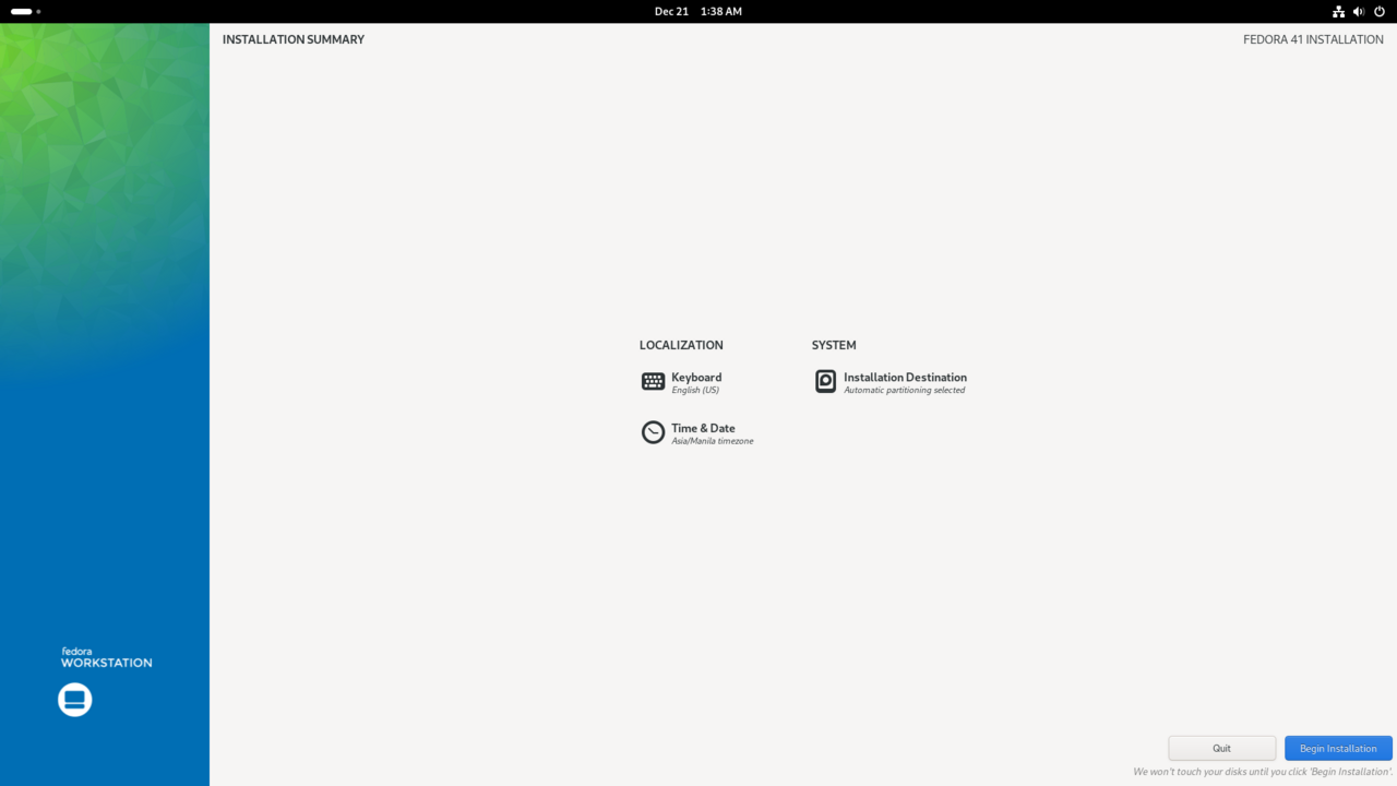 Proses instalasi Fedora sedang berjalan