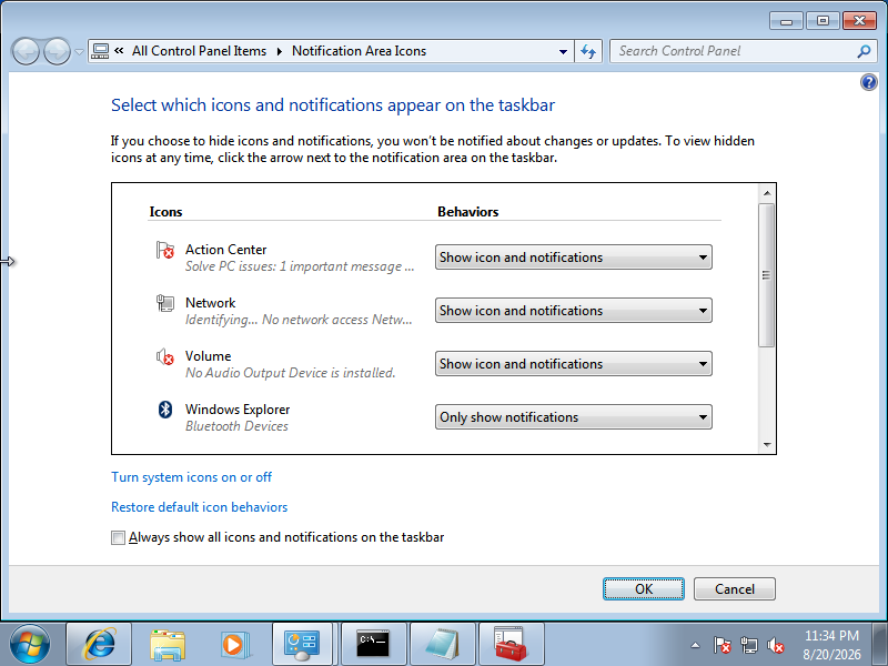 Panel Notification Area Icons menunjukkan status Network Identifying No network access padahal koneksi sudah jalan