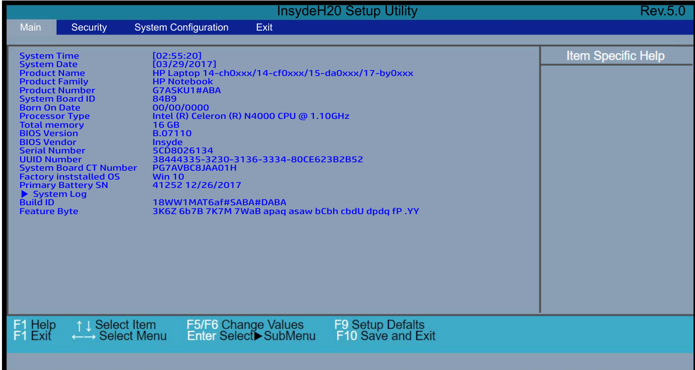 Layar BIOS HP rumahan, InsydeH20 Setup Utility, tab Main Security System Configuration Exit