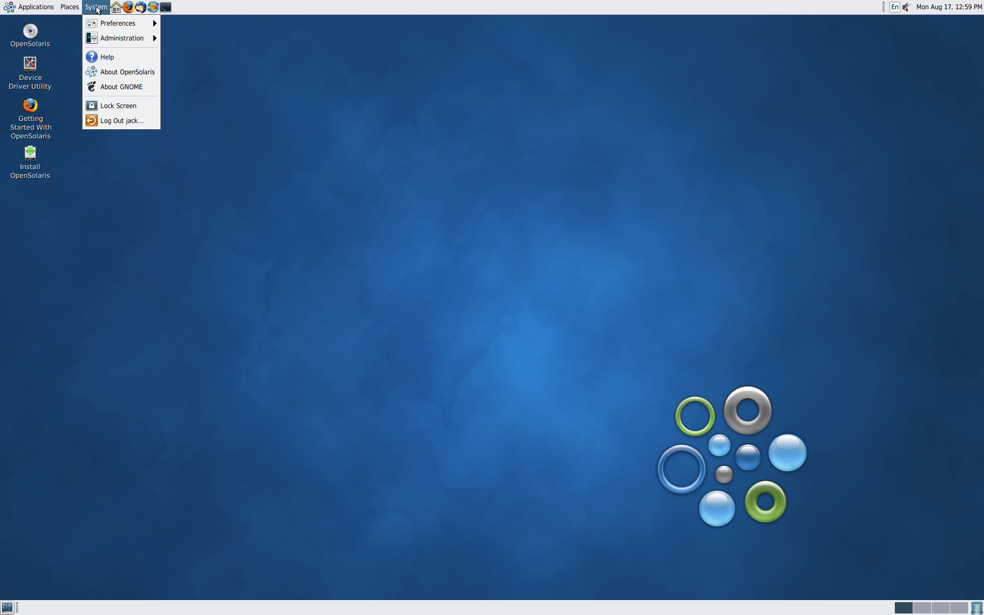 Menu System OpenSolaris berisi Preferences, Administration, About OpenSolaris, Lock Screen, dan Log Out
