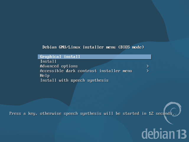 Menu boot Debian dengan pilihan Graphical install, Install, dan Advanced options