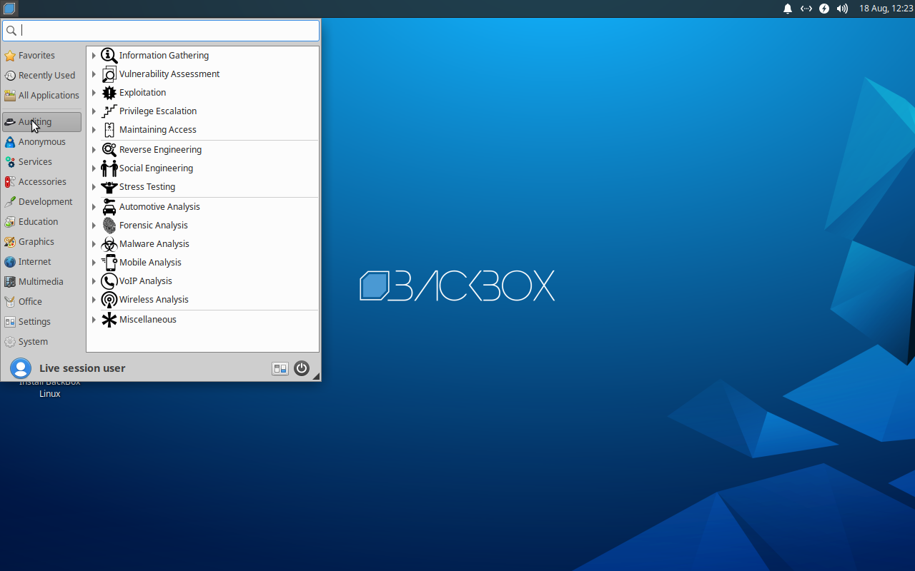 Menu aplikasi BackBox 7 kategori Auditing berisi 15 subkategori: Information Gathering, Vulnerability Assessment, Exploitation, hingga Wireless Analysis
