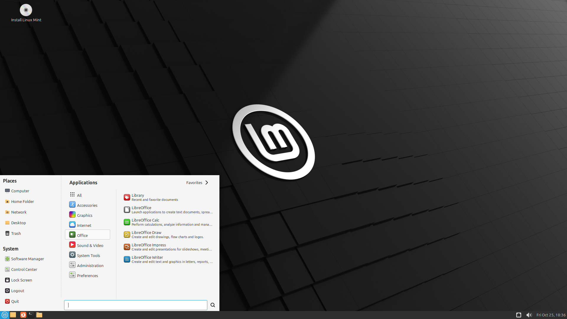 Tampilan desktop Linux Mint edisi MATE dengan menu aplikasi terbuka