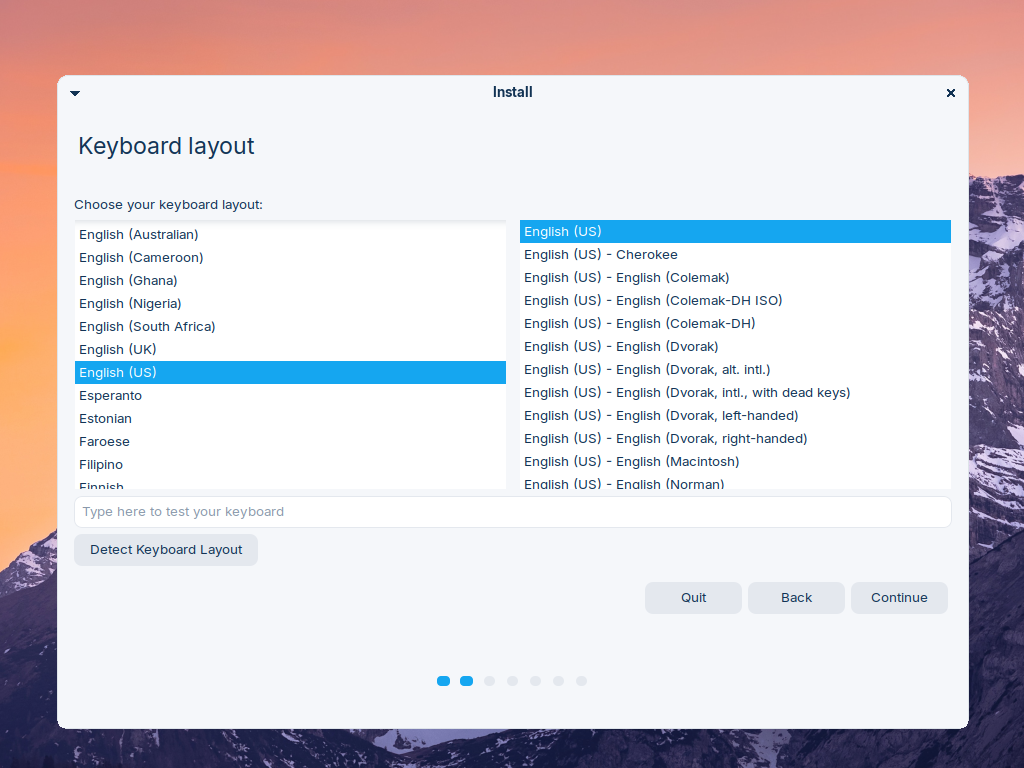 Layar Keyboard layout pemasang Zorin OS dengan English (US) terpilih di dua kolom dan kolom uji ketik
