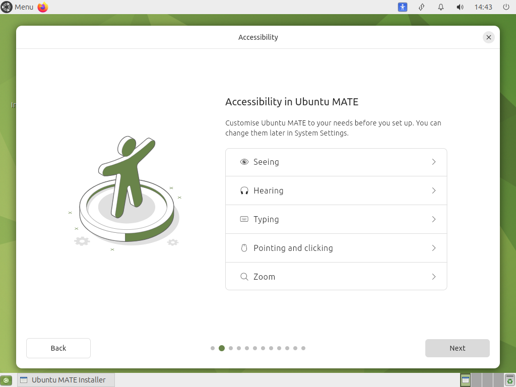 Layar Accessibility in Ubuntu MATE dengan lima baris pengaturan Seeing, Hearing, Typing, Pointing and clicking, dan Zoom, disertai tombol Back dan Next