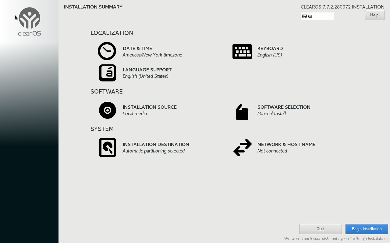 Installation Summary ClearOS 7.7.2 dengan semua item terkonfigurasi dan tombol Begin Installation aktif