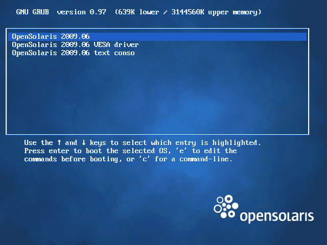 Menu boot GRUB OpenSolaris 2009.06 dengan tiga pilihan termasuk mode VESA driver dan text console