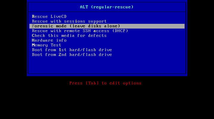Baris Forensic mode (leave disks alone) tersorot di menu boot ALT rescue