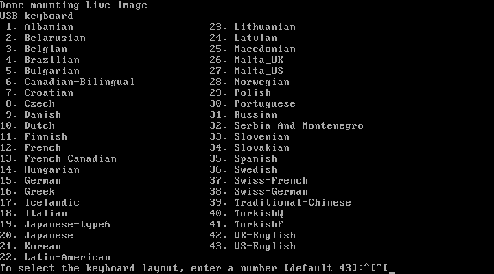 Layar teks OpenSolaris meminta memilih tata letak keyboard dari 43 pilihan