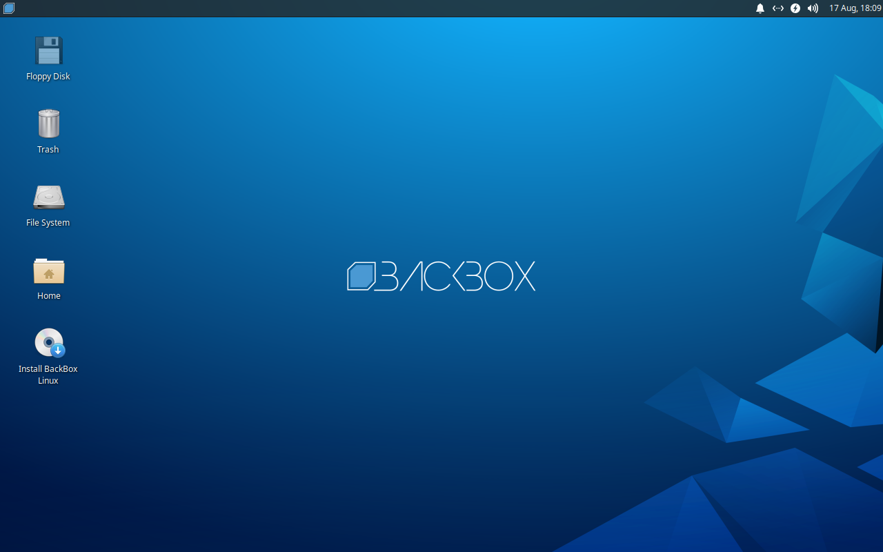 Desktop BackBox 7 dengan ikon File System, Home, Trash, dan Install BackBox Linux