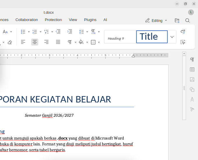 Dokumen .docx terbuka di OnlyOffice dengan judul dan format utuh