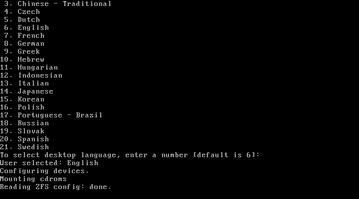Layar teks OpenSolaris meminta memilih bahasa desktop, dengan Indonesian di antara pilihannya
